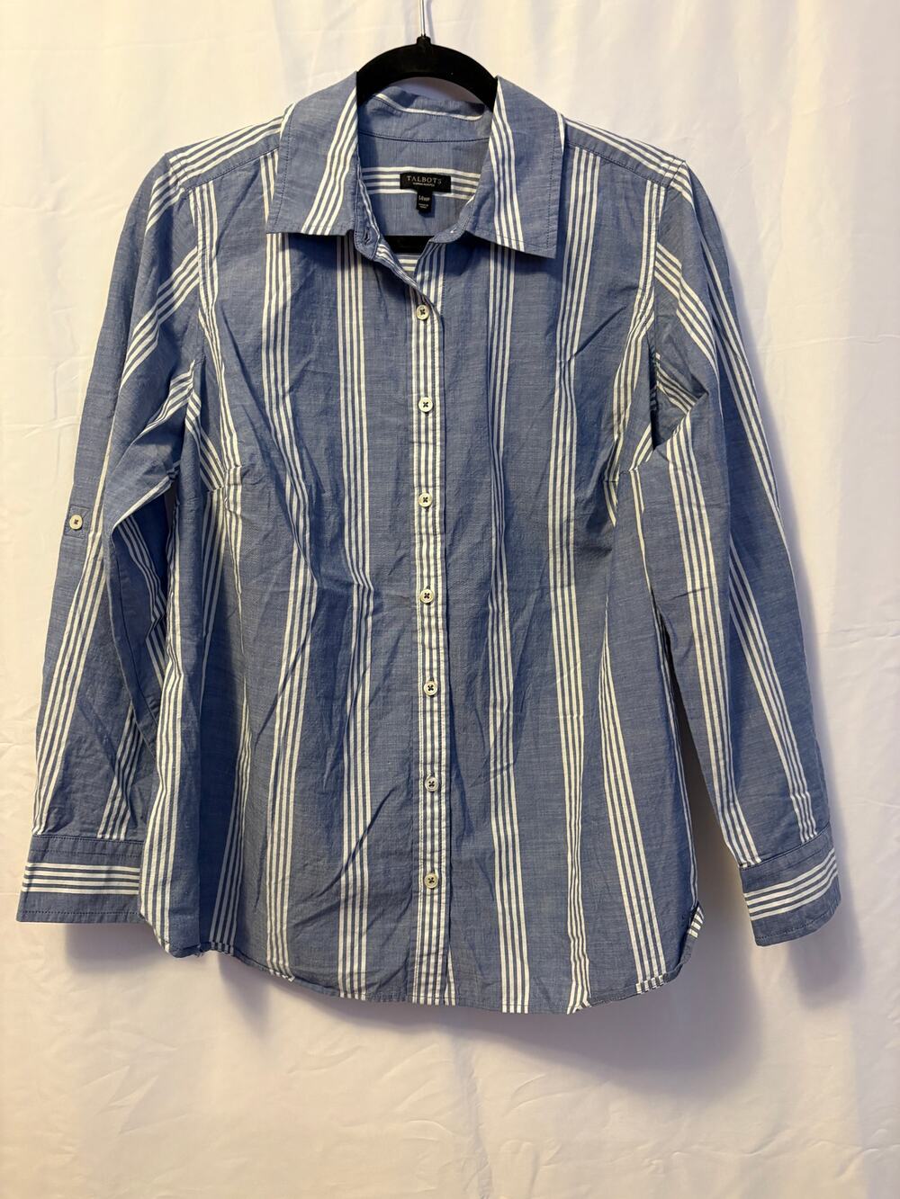 Talbots Cotton Striped Button Shirt Blue White Long Sleeve Sz 14WP Womens